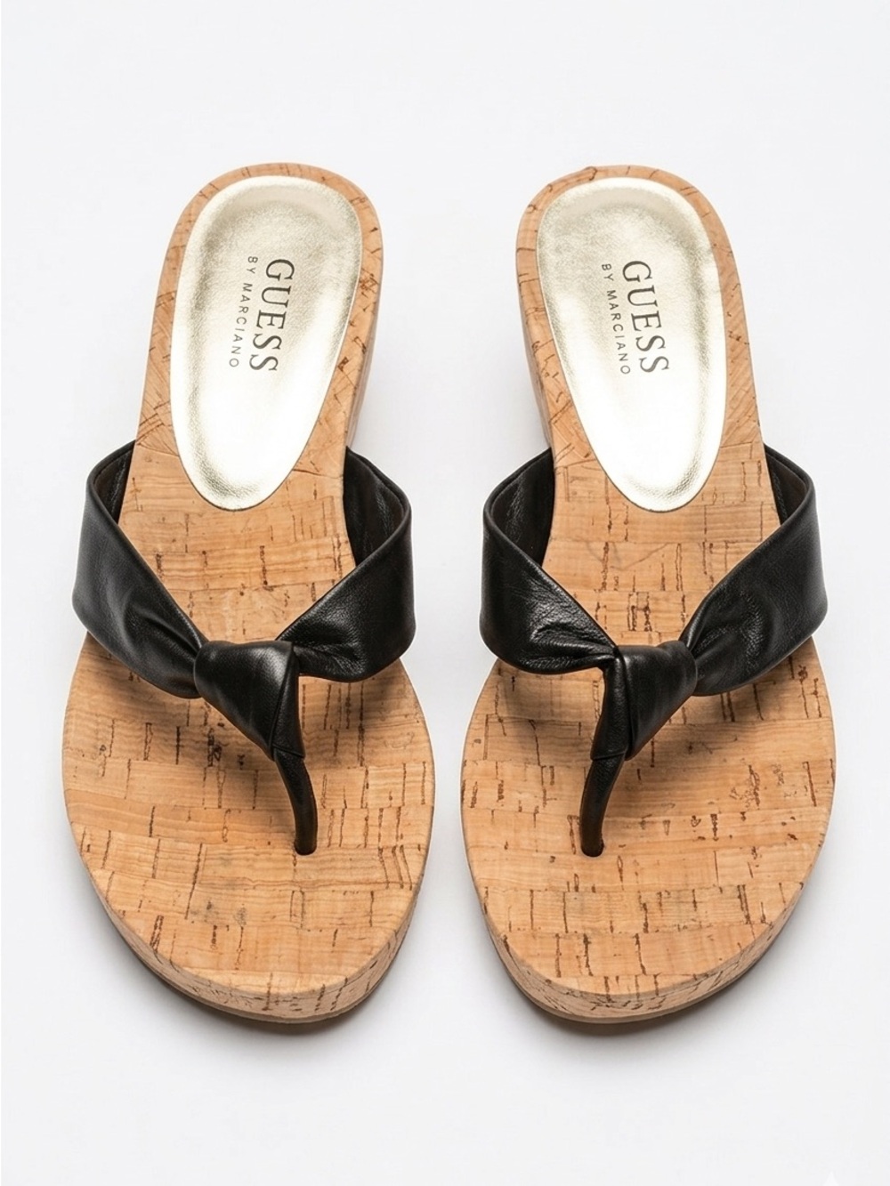 Guess Sandals by MARCIANO Wedge Leather Flip Flops Cork Soles H2” Black 9